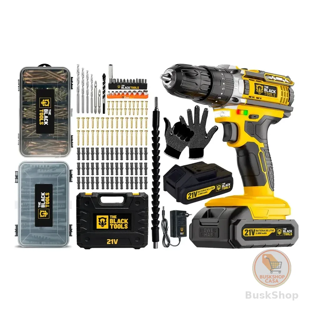 Parafusadeira Furadeira De Impacto 21v Bateria 2ah C/ Maleta The Black Tools + Kit Estojo Parafusos E Buchas + Luvas Amarelo 127/220v 50/60hz