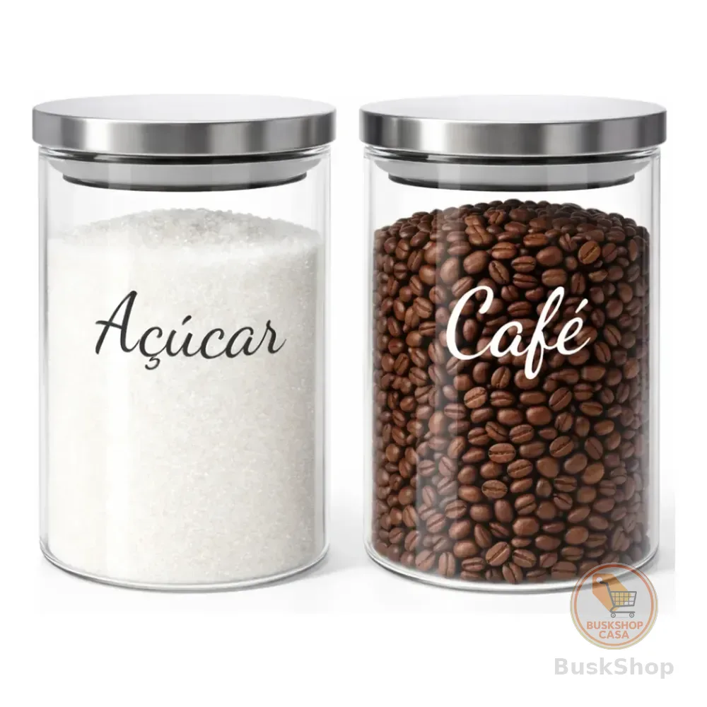 2 Potes De Vidro Hermético Tampa De Inox Para Café E Açúcar Açúcar E Café