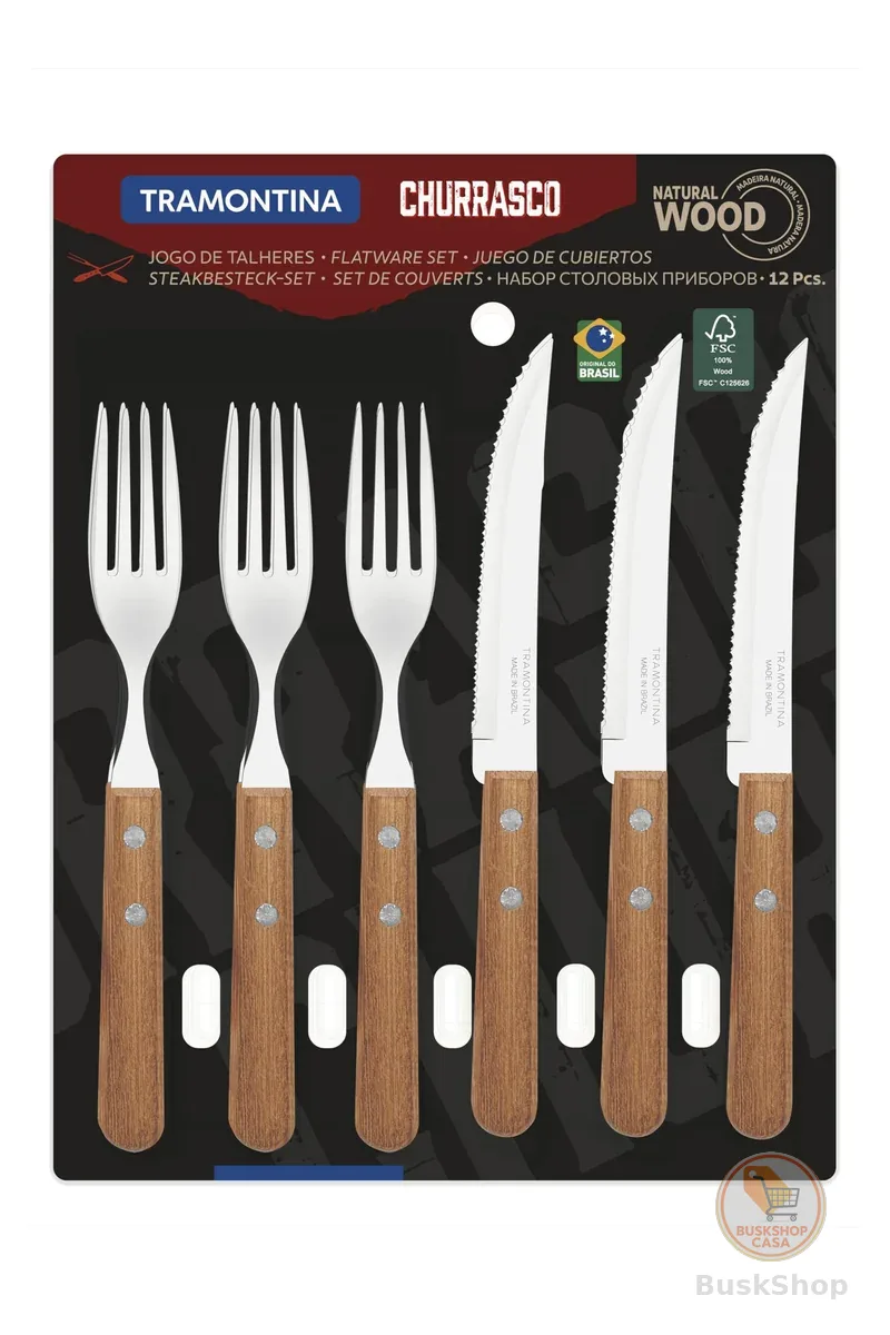 JOGO DE TALHERES PARA CHURRASCO DYNAMIC SORTIDOS COM LAMINAS DE ACO INOX E CABOS DE MADEIRA - 12 PEÇAS