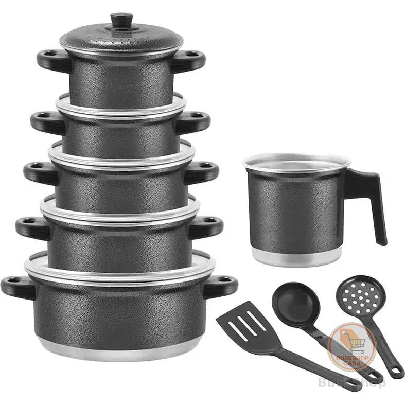 Jogo De Panela Caçarola + Caneco(leiteira) Kit 9 Peças Cor Preto Craqueado