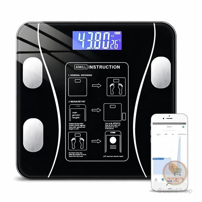 Balança Digital Bioimpedância Premium Bluetooth com App Saúde iOS Android para IMC Gordura Corporal Massa Muscular Massa Óssea Água Corporal Taxa Metabólica BMR Alta Precisão Vidro Temperado LED Luxo