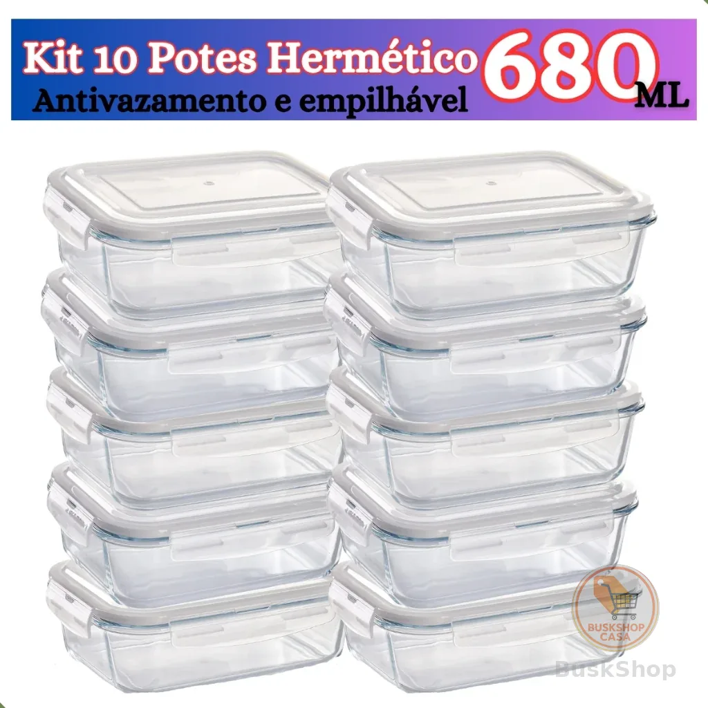 Kit de 6 até 12 Potes de Vidro 640ml - 370 ml Hermético Marmita Fit com Tampa 4 Travas Premium