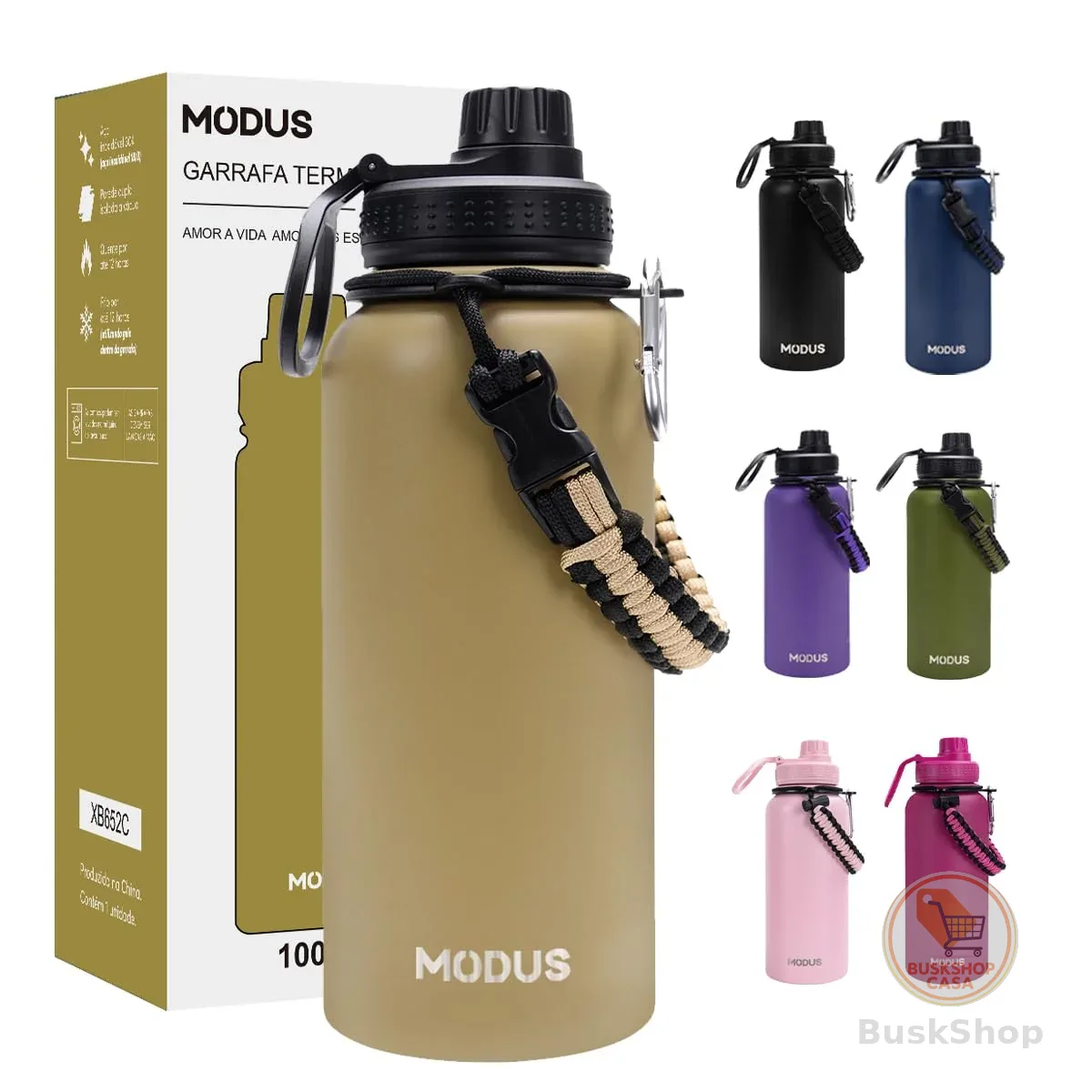 950mL Garrafa Térmica Aço Inoxidável Com Alça Paracord (Caqui)