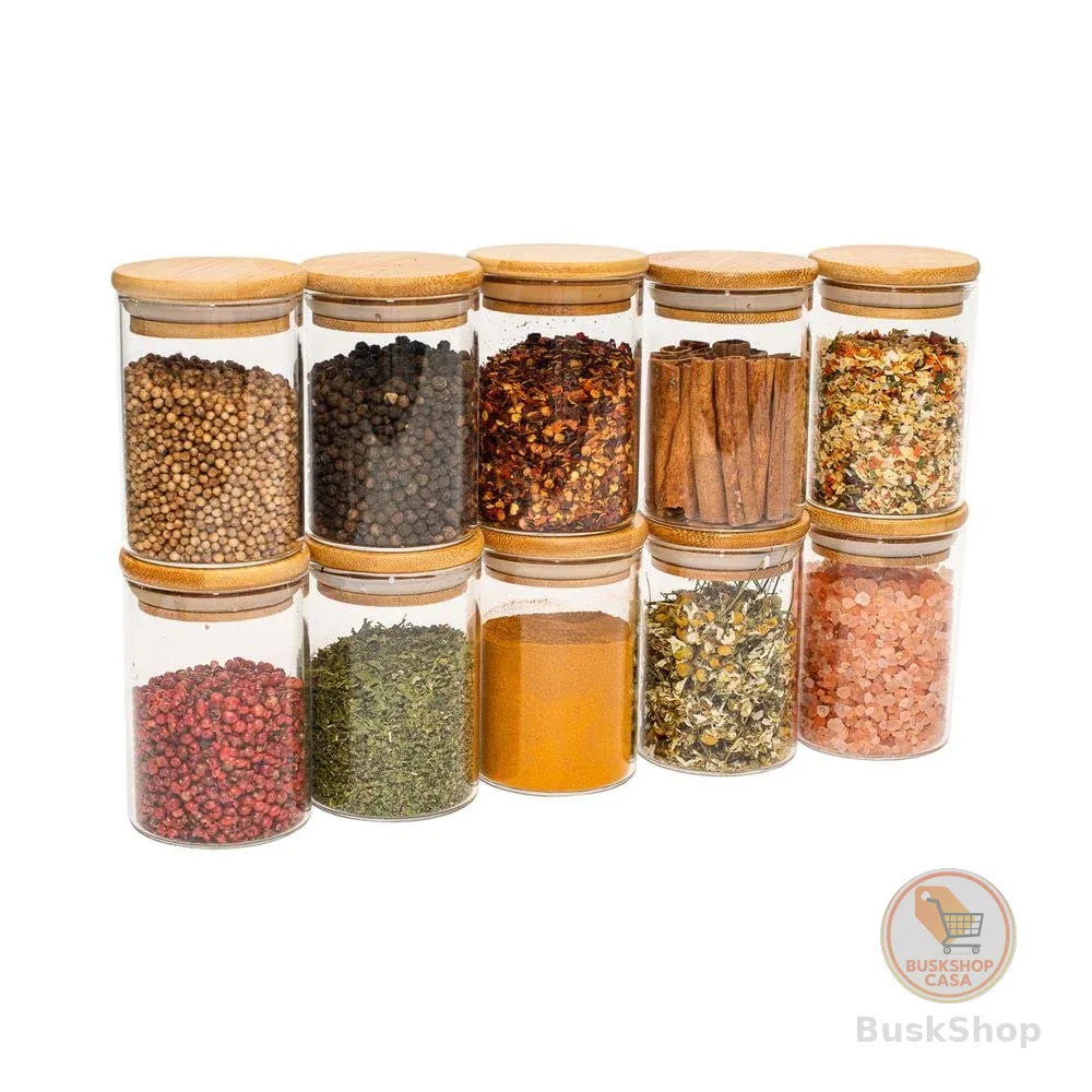 Oikos - Kit 10 Potes de Vidro Herméticos 250ml Redondos com Tampa Bambu | Borossilicato, vedação em silicone, BPA Free, mantimentos, empilháveis, fácil limpeza, design natural