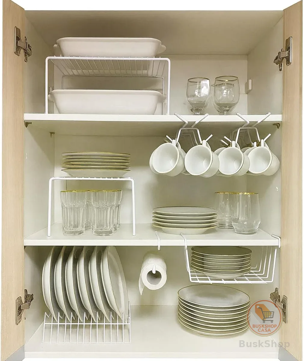 Kit Organizador de Armário Aramado de Cozinha Suporte de Prato Xícara Cesto 7 Peças Branco Pliar