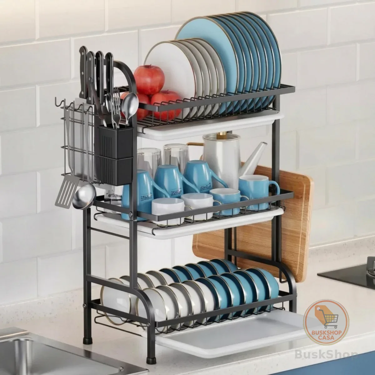 Escorredor de Louça 3 Andares Aço Carbono Kleming - Secador de Pratos Grande Capacidade com Porta Tábua, Porta Talheres e Bandeja Coletora de Água Removível - Organizador de Pia Moderno (Preto)