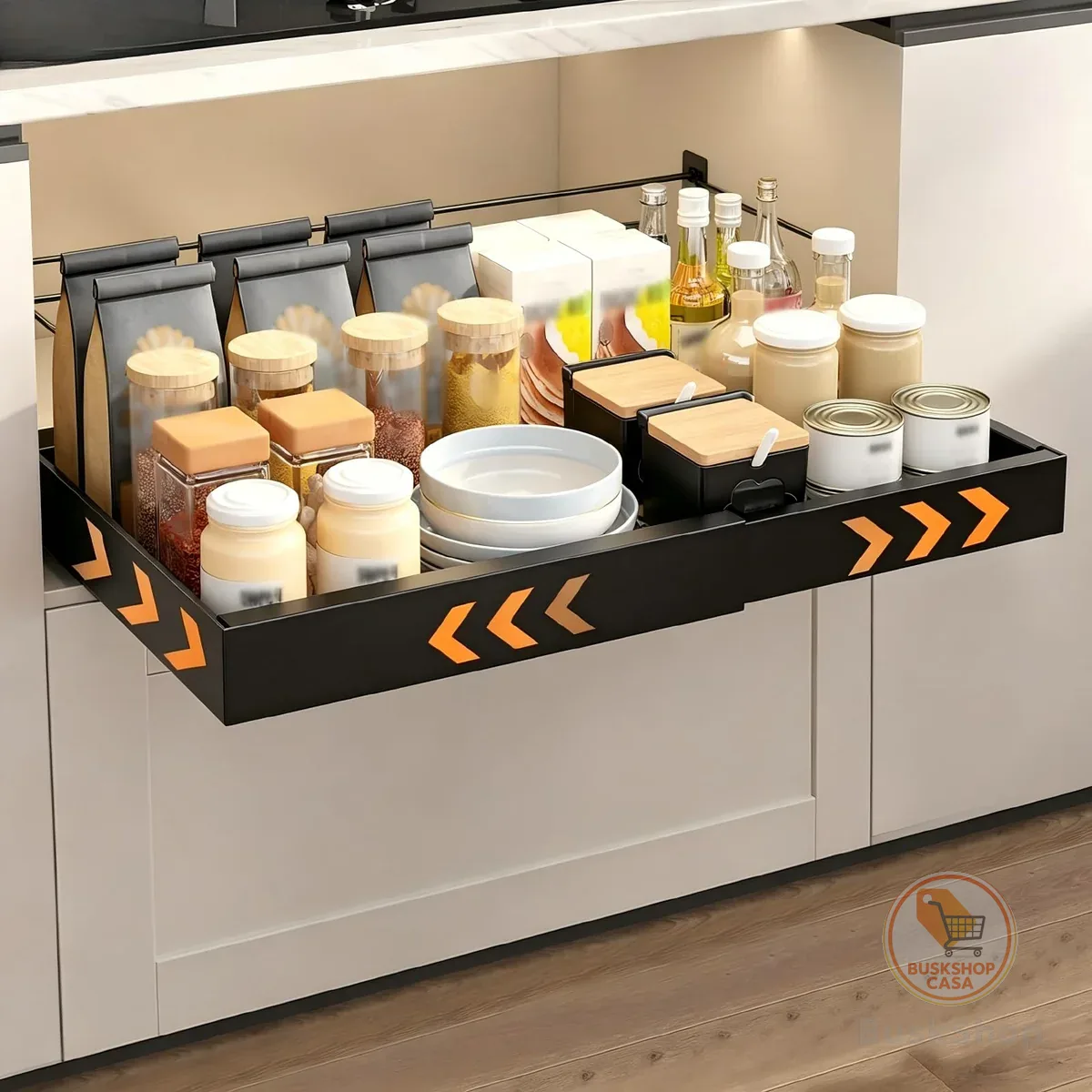 BEMMY Organizador De Prateleiras Deslizantes com Largura Extensível(1 Pacote), Gavetas Removíveis, Serviço Pesado, Prateleiras Deslizantes Removíveis E Adesivas Para Cozinha (42 * 30-50CM) (Preto)