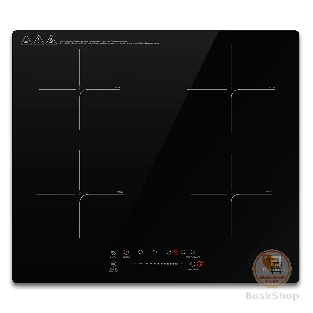 Cooktop Indução 4 Bocas 7000W Preto 220V Painel Touch Embutir Mesa Vitrocerâmica  Panda Plus
