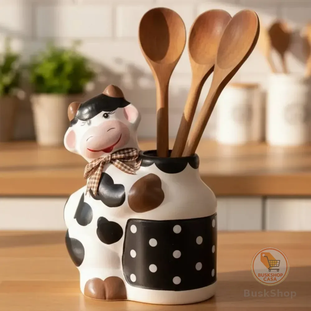 Porta Talher Vaca Cerâmica Latão Cozinha Decorativo Premium Preto