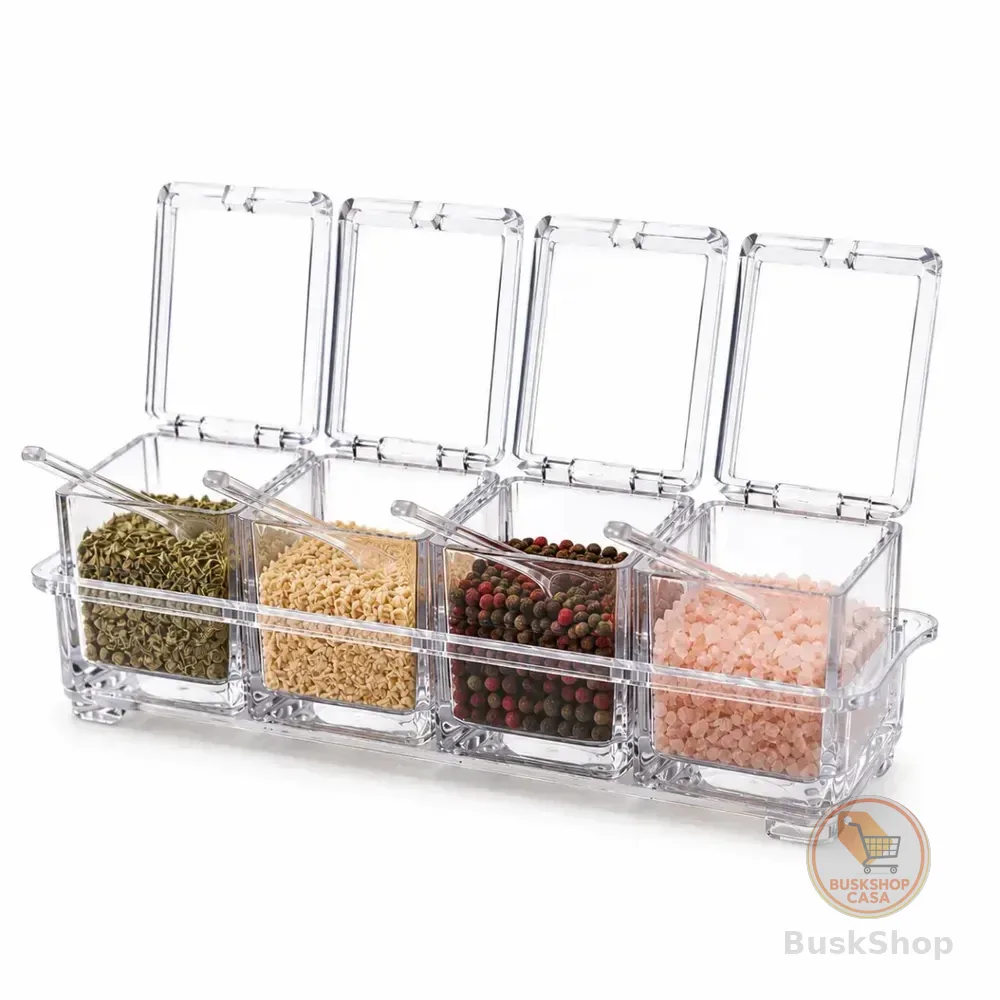 Porta Condimento 4 Potes Organizador Com Colher Transparente Mesa Tempero Acrílico Cozinha Óh Céus Aletronix