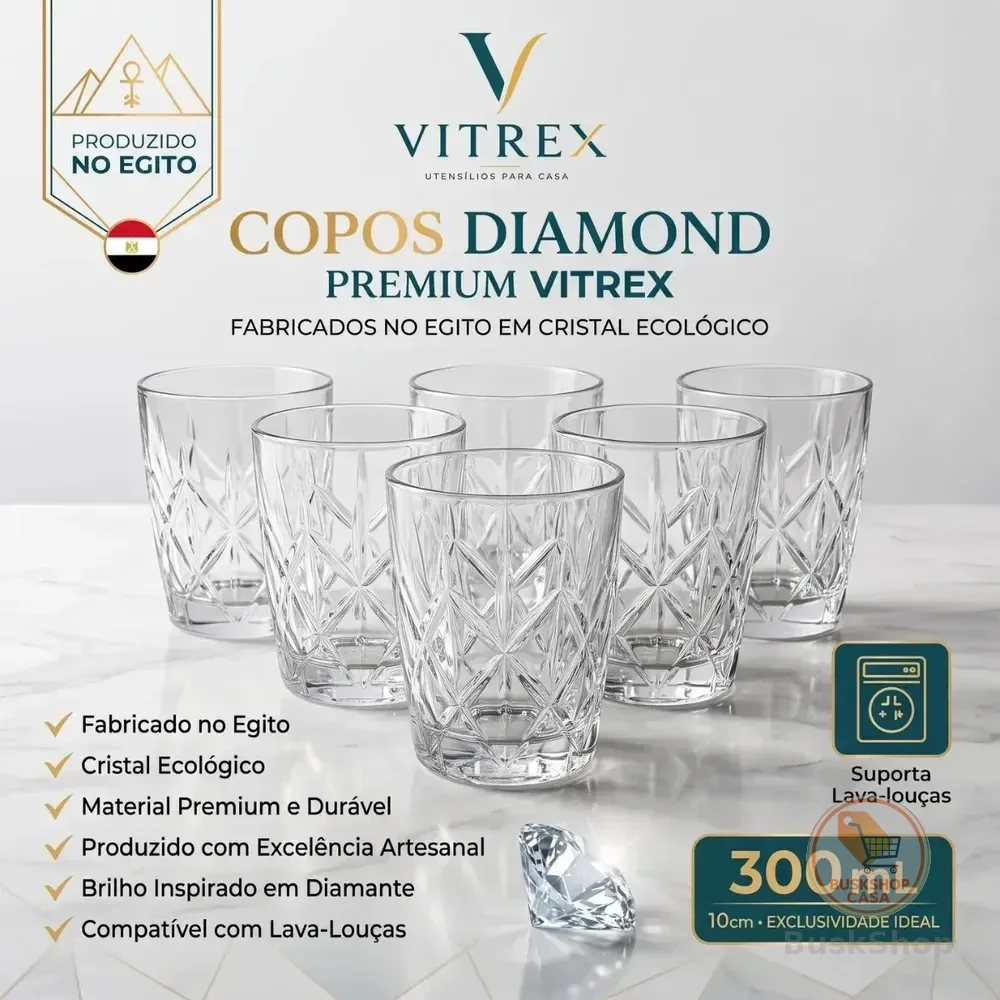 Jogo 6 Copos Diamond Egipcio 300ml Vidro Grosso Diamante Luxo Transparente Vitrex