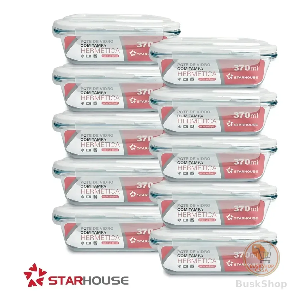 Kit 10 Potes Vidro 370ml Hermético Marmita Forno Refratário Star House