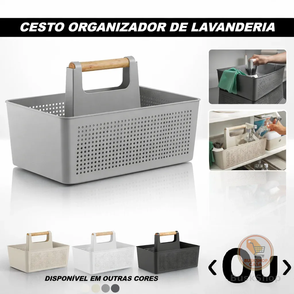 Cesto Organizador Multiuso 8L Flow Com Alça Bambu Lavanderia Limpeza Armário Cozinha Plástico