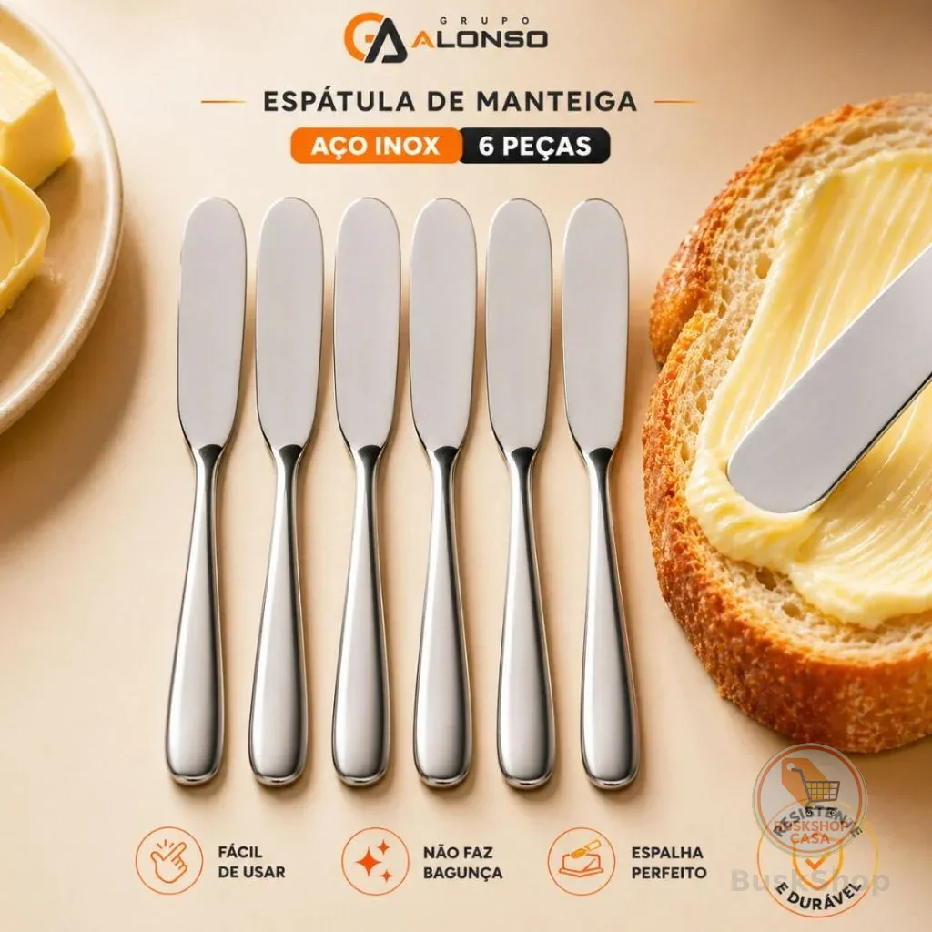 Kit 6 Peças Espátula de Manteiga Aço Inox p/ Patê Geleia Requeijão Margarina Casa Creme de Avelã