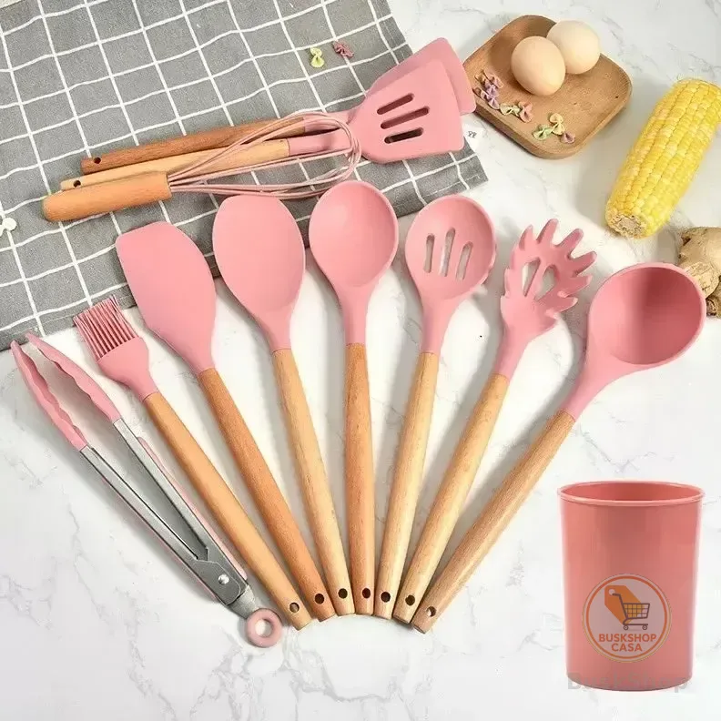 Kit C/12 Utensílios De Cozinha Silicone Cabo Madeira Bja Cor Rosa-claro