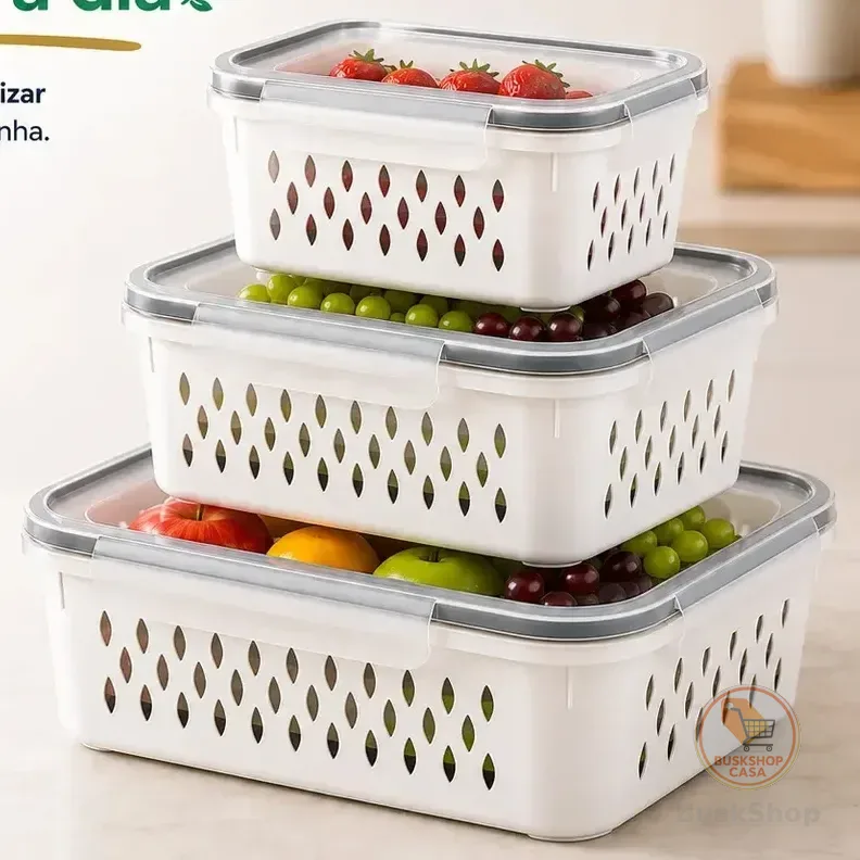 Conjunto Kit 3 Organizadores Geladeira Hermético Escorredor Cesto Alimentos Legumes Verduras Frutas Transparente Com Tampa Trava