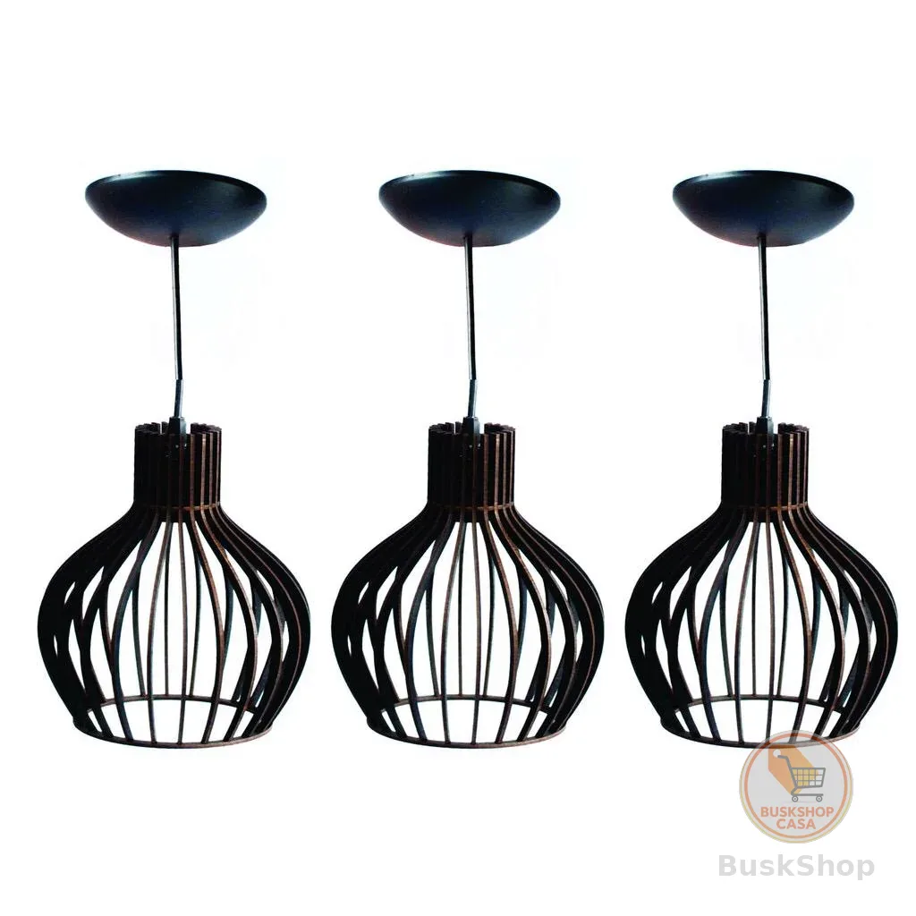 Kit com 3 Pendente Luminaria PP Preto com fio Lustre de Sala Decorativo