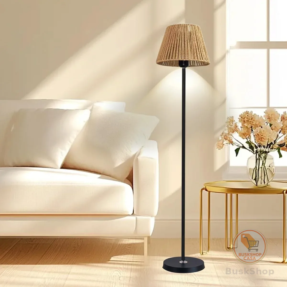 Luminária de Chão em Rattan para Sala e Quarto, 140cm, 110V-220V, Estilo Rústico, Costeiro e Minimalista, Base Estável e Lâmpada 5W Inclusa (Preto)