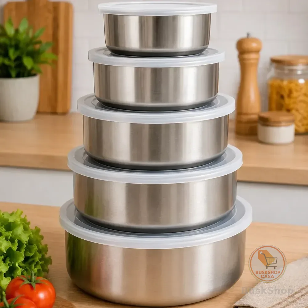 Jogo 5 Tigelas Inox  Bowls Potes Tampa Plástica Cozinha Inox