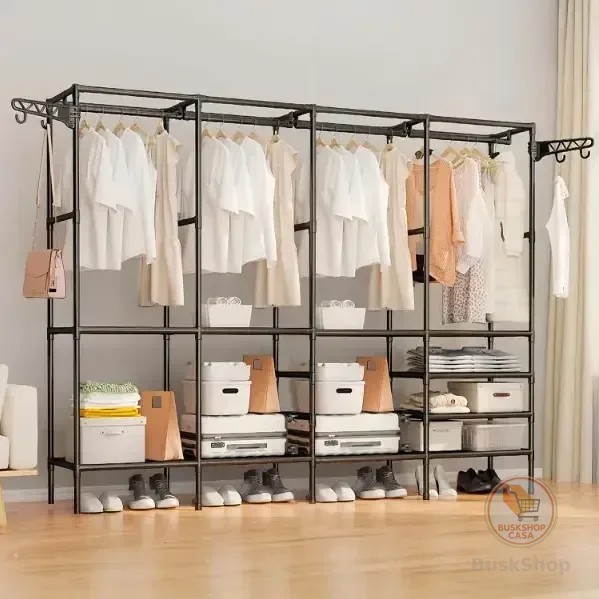 Guarda Roupa Dobravel Closet Aberto Organizador De Roupas Desmontavel E Arara Organizadora 4 Colunas Em Aço Preto Resistente