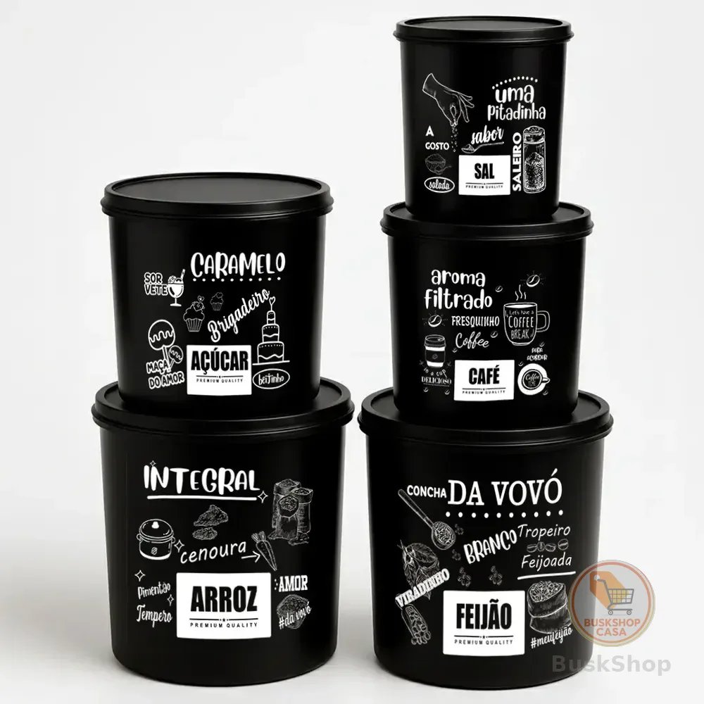 Kit 5 Potes De Mantimentos Plástico Decorado Preto Frases Conjunto Com 5 Preto Frases