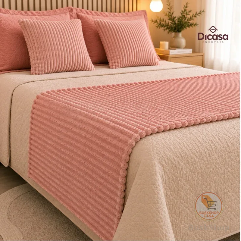 Kit Peseira Decorativa 3 Peças para Cama Casal Queen Peseira e 2 Capas de Almofadas Jogo de Cama