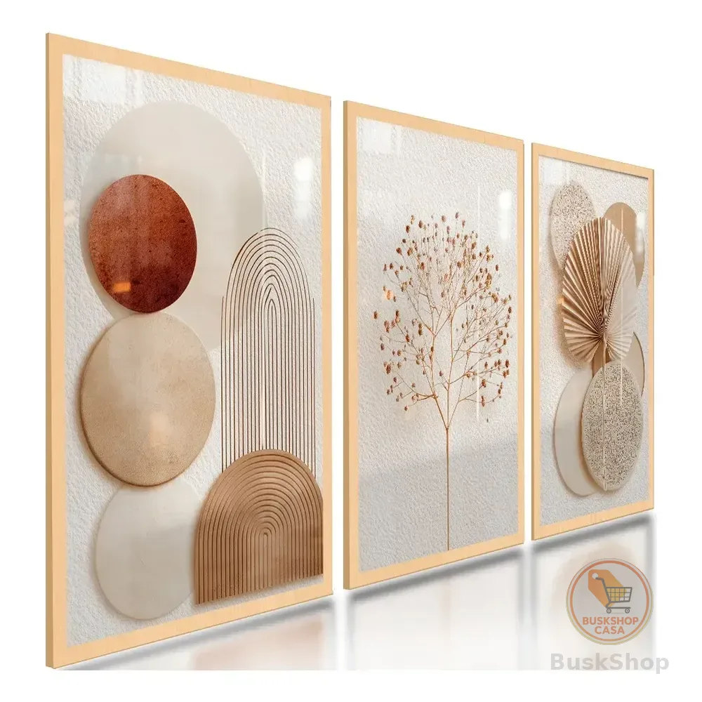 Quadros Decorativos Abstratos Geométricos Boho Neutro 122x60 Cor Carvalho Armação Infinita