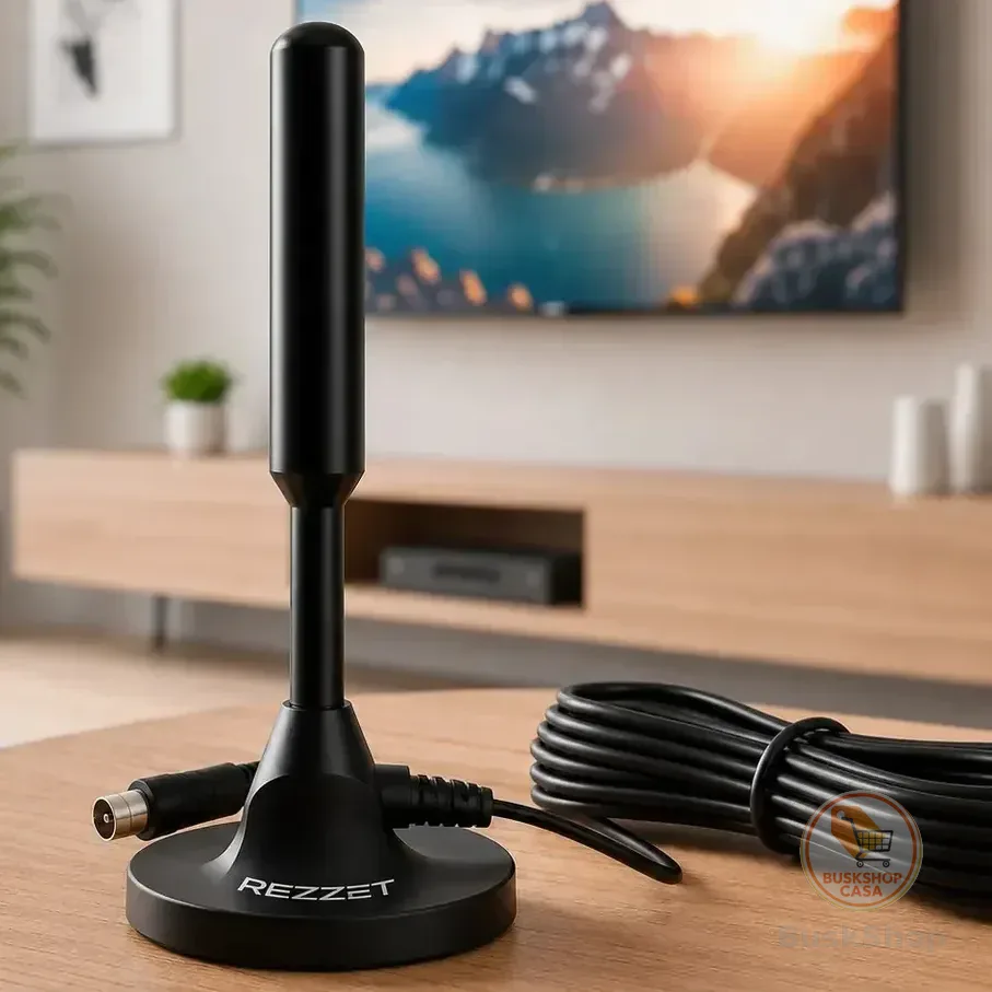 Antena Digital Sinal 4k Smart Tv Interna Externa Samsung LG Led Lcd Amplificador Hdtv Uhf Com Cabo Longo E Base Magnética Rezzet Preto
