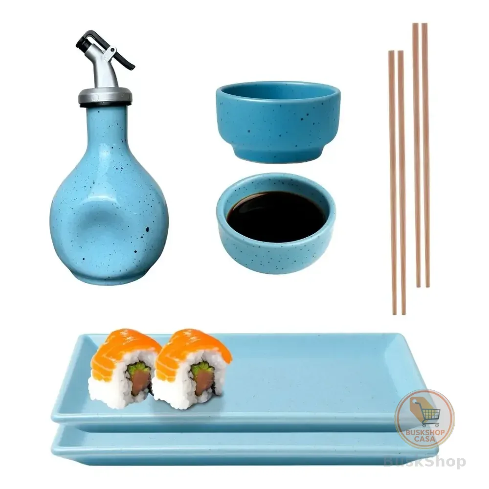 Kit Sushi 2 Pessoas Porcelana Pratos Molheiras Jarra Shoyu Azul Mesclado