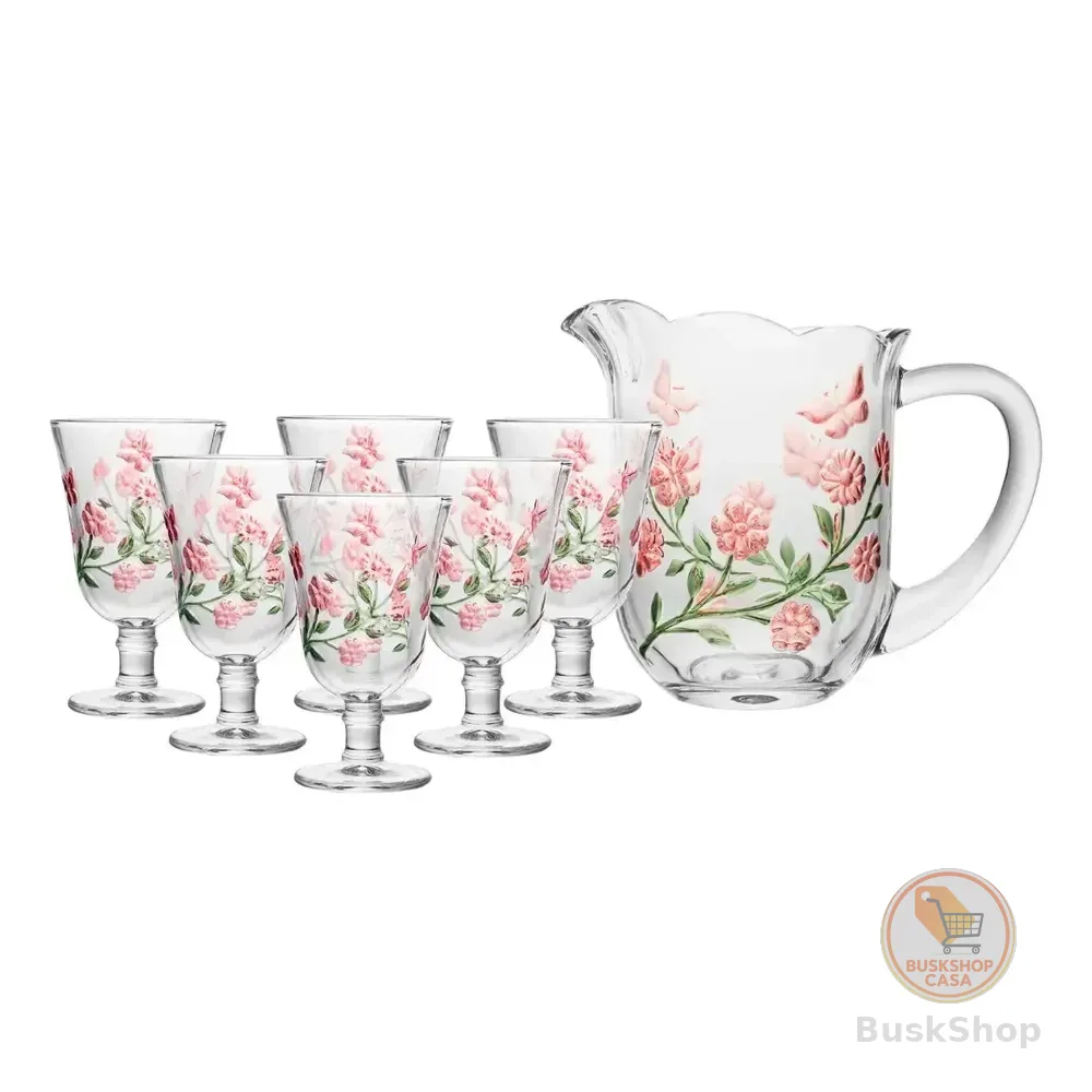 Conjunto 7 Peças Jarra E 6 Taças Lys Hand Painting 1,5l/240ml Cristal Lyor Incolor