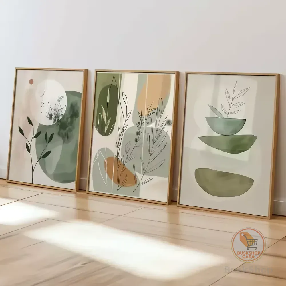 Quadro Decorativo Moderno Folhas Boho Minimalista Kit 122x60 Verde Marrom