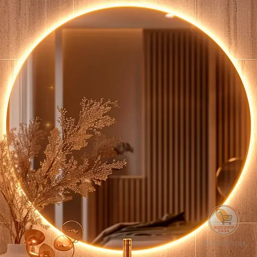 Espelho Redondo Grande De 50cm Com Led Frio - Espelho Com Luz Ideal Para Quarto, Banheiro E Sala, Espelho Com Led E Moldura Lapidada Para Decoração De Parede Redondo 50cm Led Frio