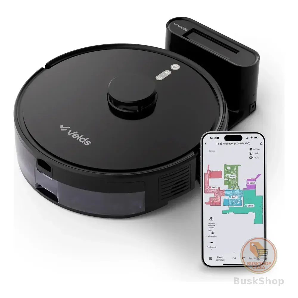 Robô Aspirador De Pó Velds 3 Em 1  Varre Aspira E Passa Pano Com Mapeamento Via App E Sensor Antiqueda, Preto 127/220v