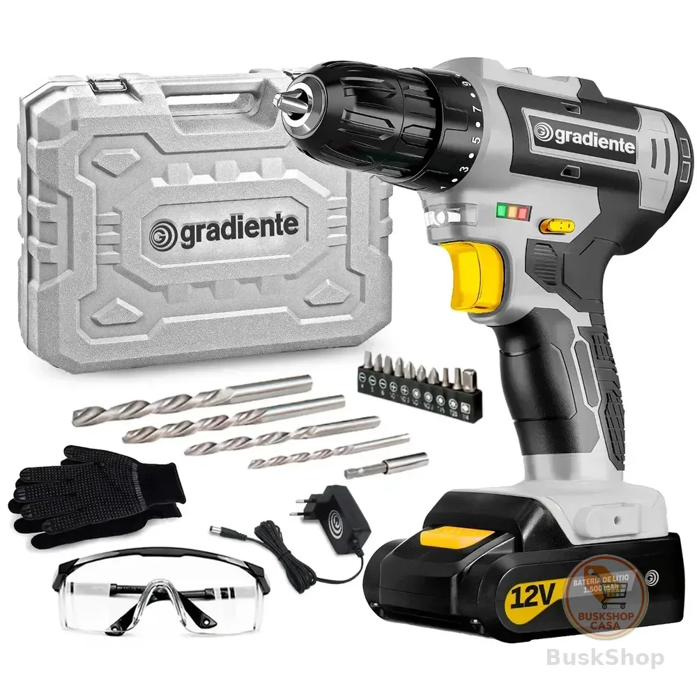 Parafusadeira Furadeira Sem Fio Gradiente Gpb12v-ac 3/8 12v Bivolt Para Madeira Metal Com Maleta E Acessórios Cinza 127/220v 60hz