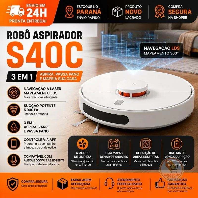 Robô Aspirador Xiaomi S40C Original 3 em 1 Wi-Fi Alexa Mapeamento LDS Aspira Varre Passa Pano Bivolt Caixa Lacrada