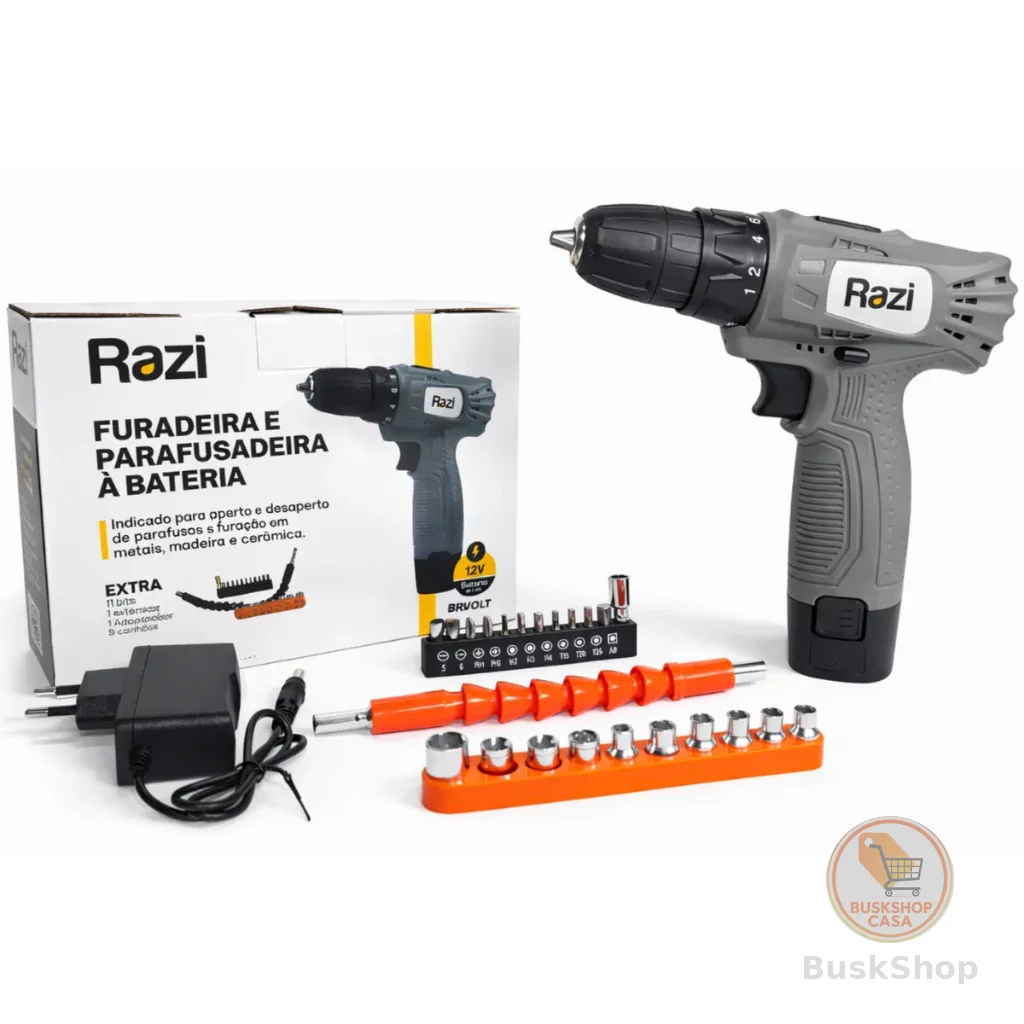 Furadeira e Parafusadeira á Bateria 12V Bivolt c/ 22 Acessórios Razi