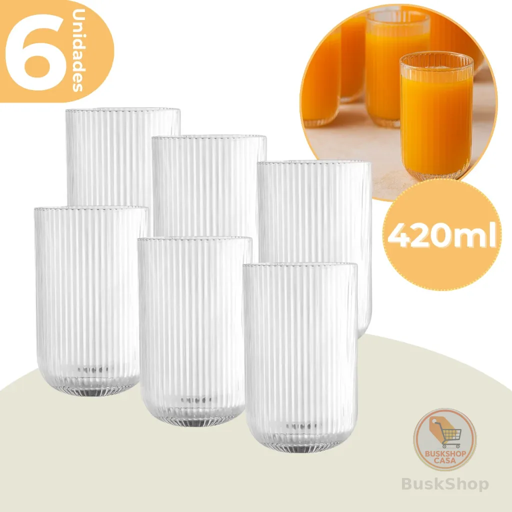 Jogo 6 Copos Vidro Canelado Sleek 420ml Transparente Resistente e Elegante