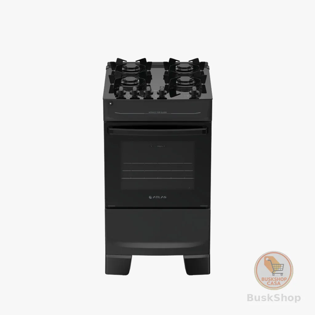 Fogão 4 Bocas Preto com Mesa de Vidro Atlas Mônaco Top Glass Acendimento Automático Bivolt