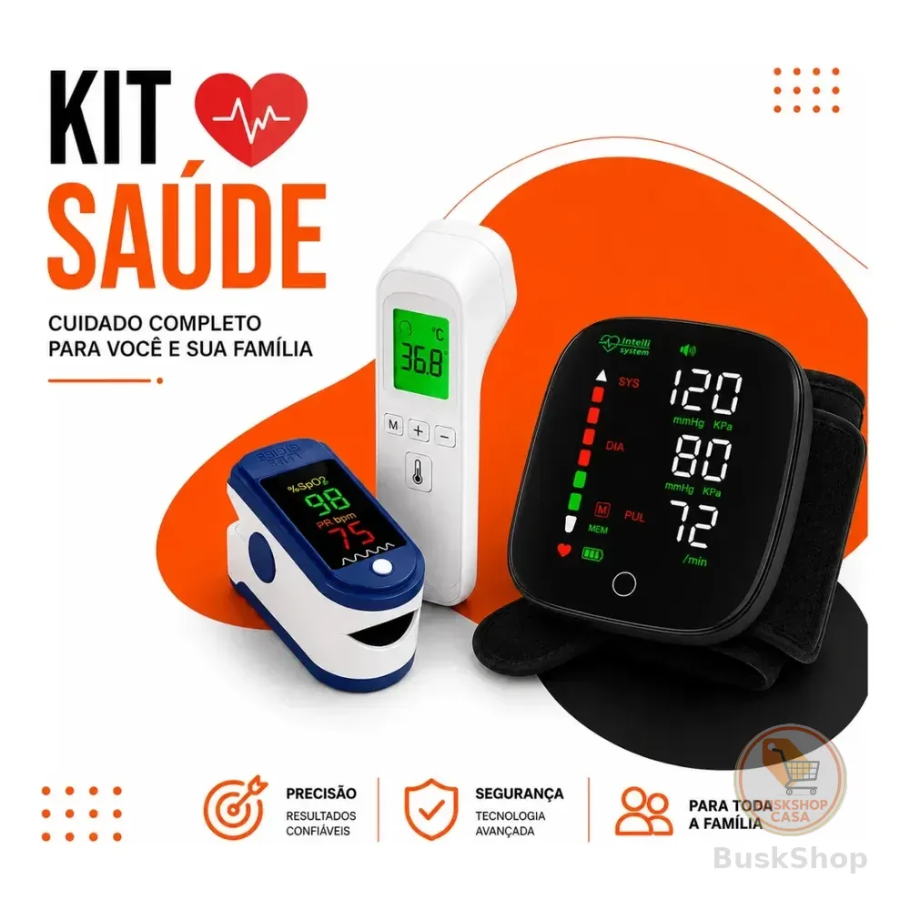 Kit Saúde Combo 3 Em 1 Aparelho Pressão Oxímetro Termômetro Branco/azul