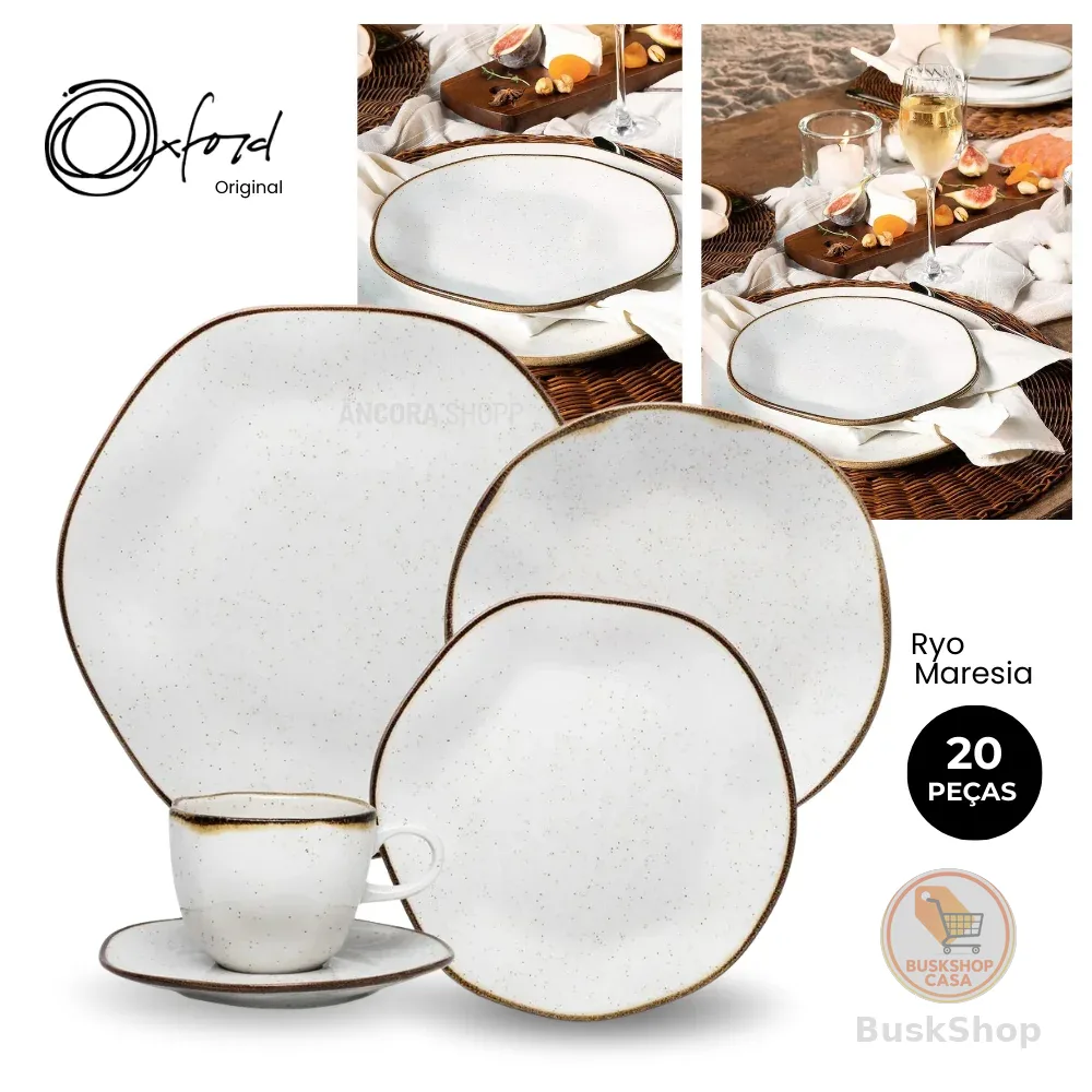 Aparelho de Jantar e Chá Porcelana 20 Peças Ryo Maresia Jogo de Pratos e Xícaras Oxford Original