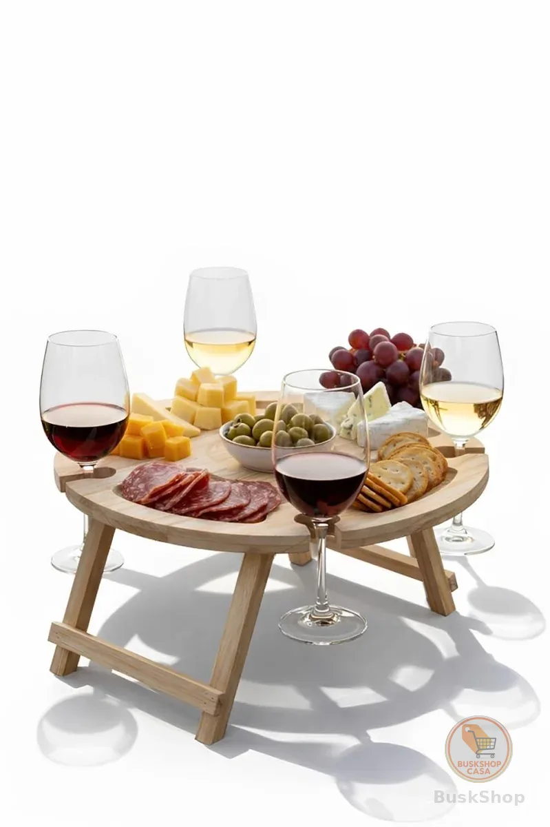Mesa de vinhos e frios Petisqueira Gourmet de Madeira com Porta Taças Integrado | Tábua para frios,Petiscos e Vinhos com 5 divisórias Dobrável Golden