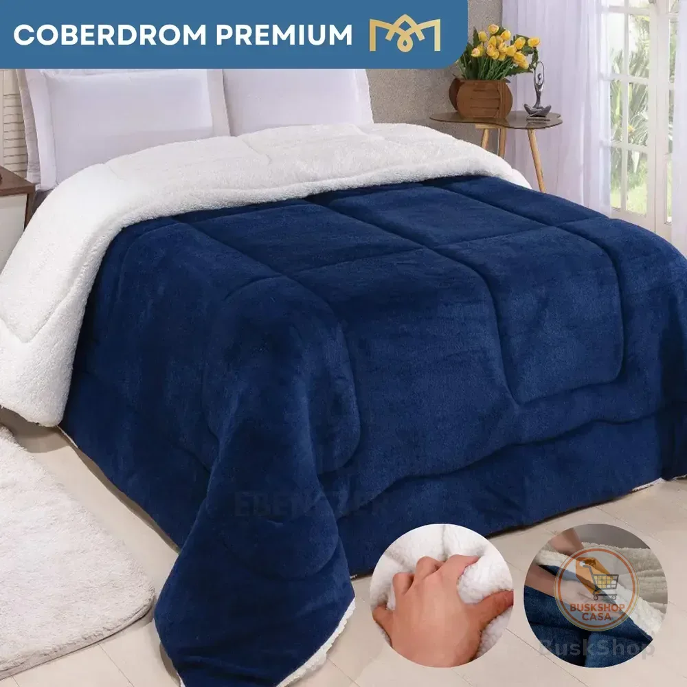Coberdrom Casal Queen Size Sherpa Lã Carneiro Dupla Face Toque Aveludado Super Quente Macio Luxo Premium Cor Azul Marinho Liso