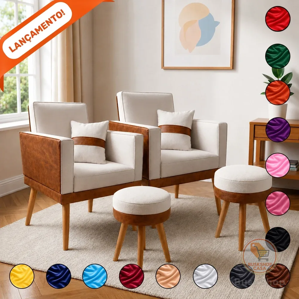 Kit 2 Poltrona Para Sala Decorativa Lis Almofada 2 Puff Redondo Corino Suede
