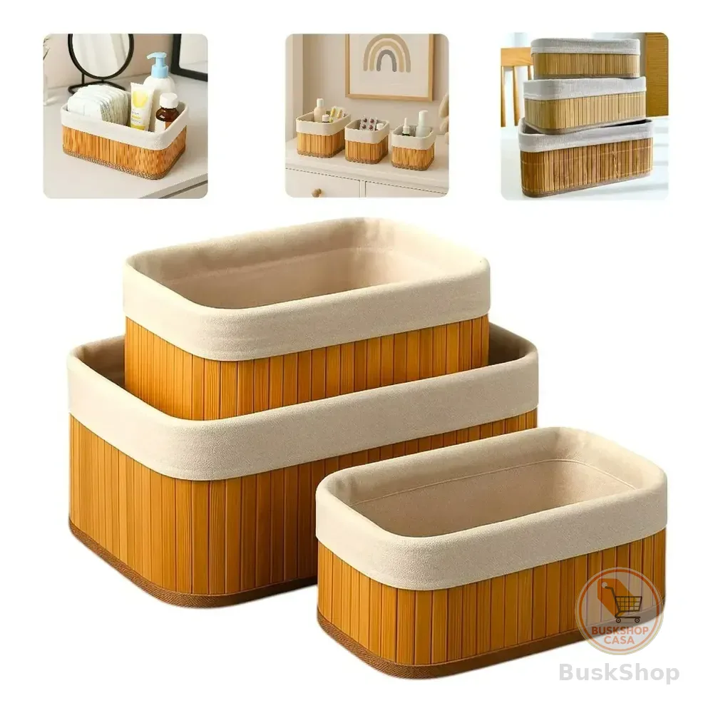 Kit Jogo 3 Cestos Organizadores De Bambu Multiuso Com Forro Bege