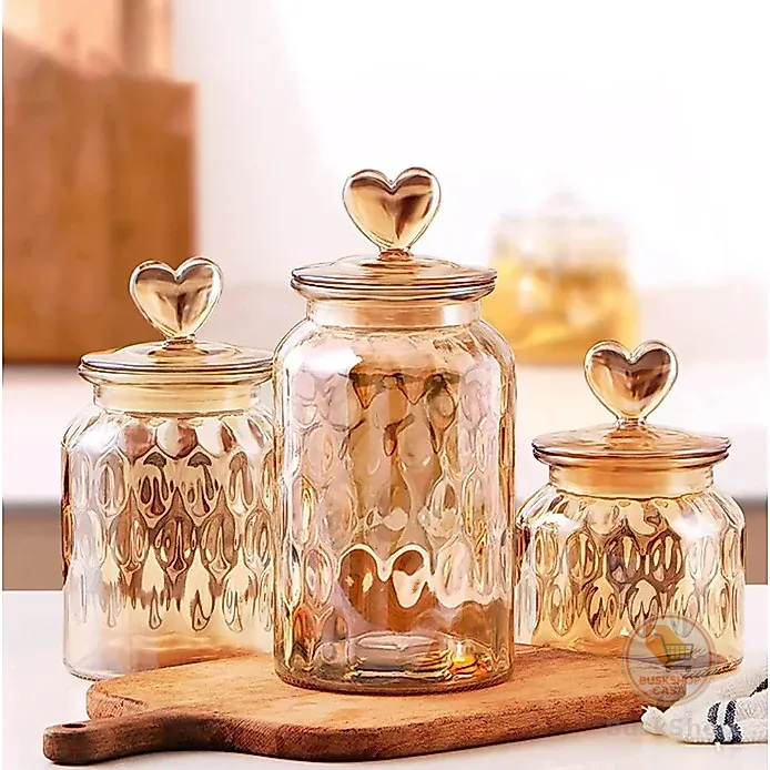 Kits Pote Vidro Âmbar Hermético Decoração Baleiro Afeto Coração Armazenamento