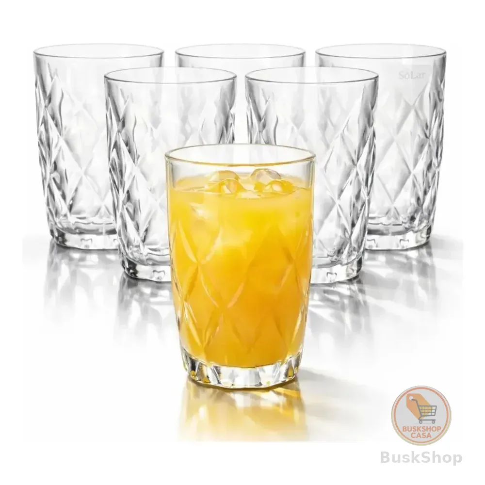 Jogo 6 Copos 400ML Grande Vidro Grosso Diamond Resistente Transparente Kit para Drink Água Suco Restaurante Diamante Sólar