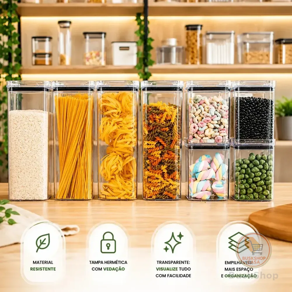 Kit 8 Potes Herméticos Mantimentos Quadrado Cozinha Tampa Vedação Hermética Amobox