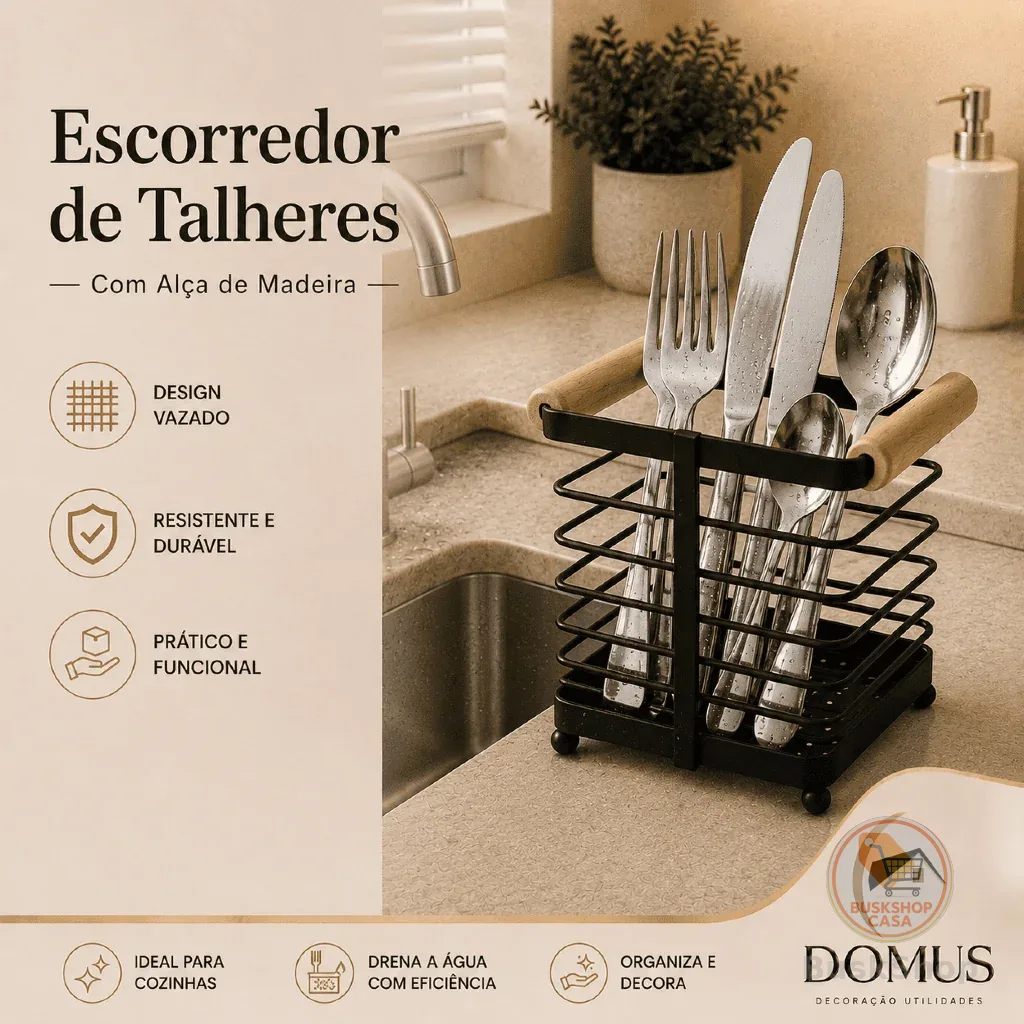 Porta Talheres Super Resistente Organizador Escorredor de Talheres e Utensílios Alça Bambu