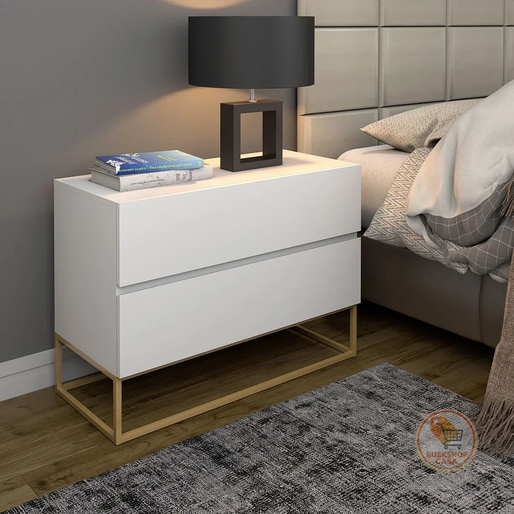 Mesa Cabeceira Eros 60CM  2 Gavetas estilo Industrial Pés Dourado Para Quarto