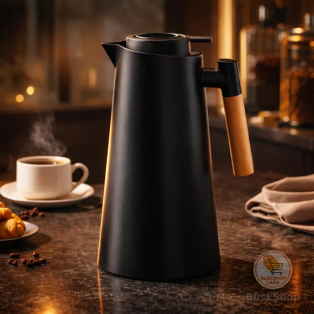 Garrafa Térmica 1L Premium – Design Elegante em Preto com Cabo de Madeira | Ideal para Café, Chá e Bebidas Quentes | Mesa Posta Sofisticada